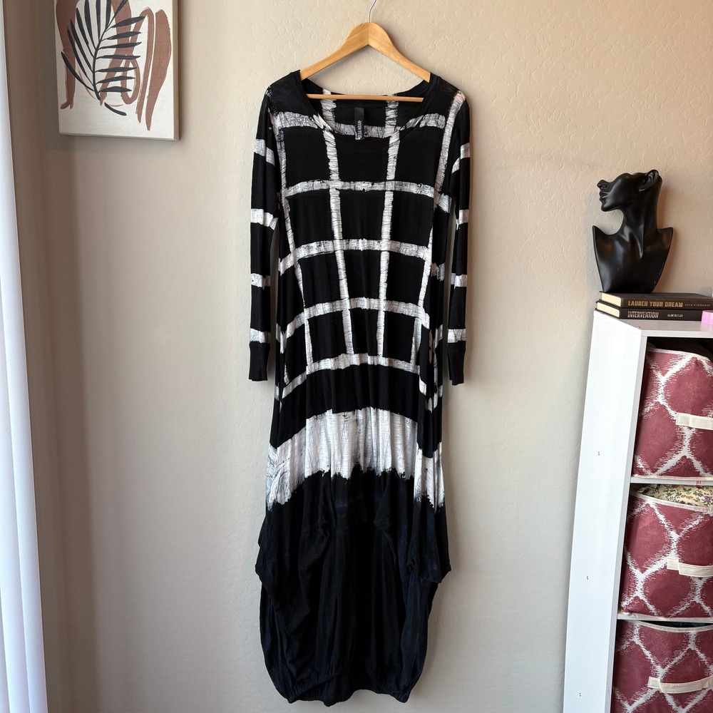 Gilda Midani Black White Grid Hand Painted Cotton Bubble Hem Maxi Dress